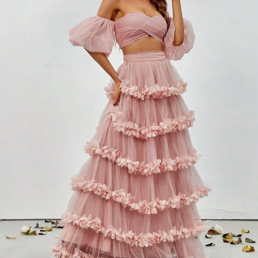 Dusty Pink Party Women's Off-Shoulder Crop Top & Ruffled Tulle Skirt Set - Picture 3 of 6